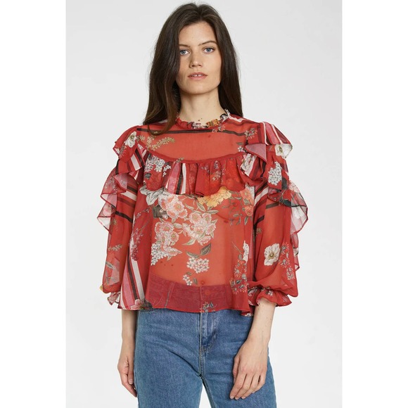 DRA Hazel Red Floral Ruffle Blouse XS - Picture 1 of 6